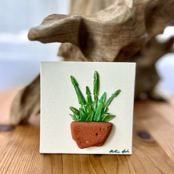 Handmade 4x4 Canvas Sea Glass Art Snake Plant Brick Potomac River Beach Maryland - Picture 1 of 12